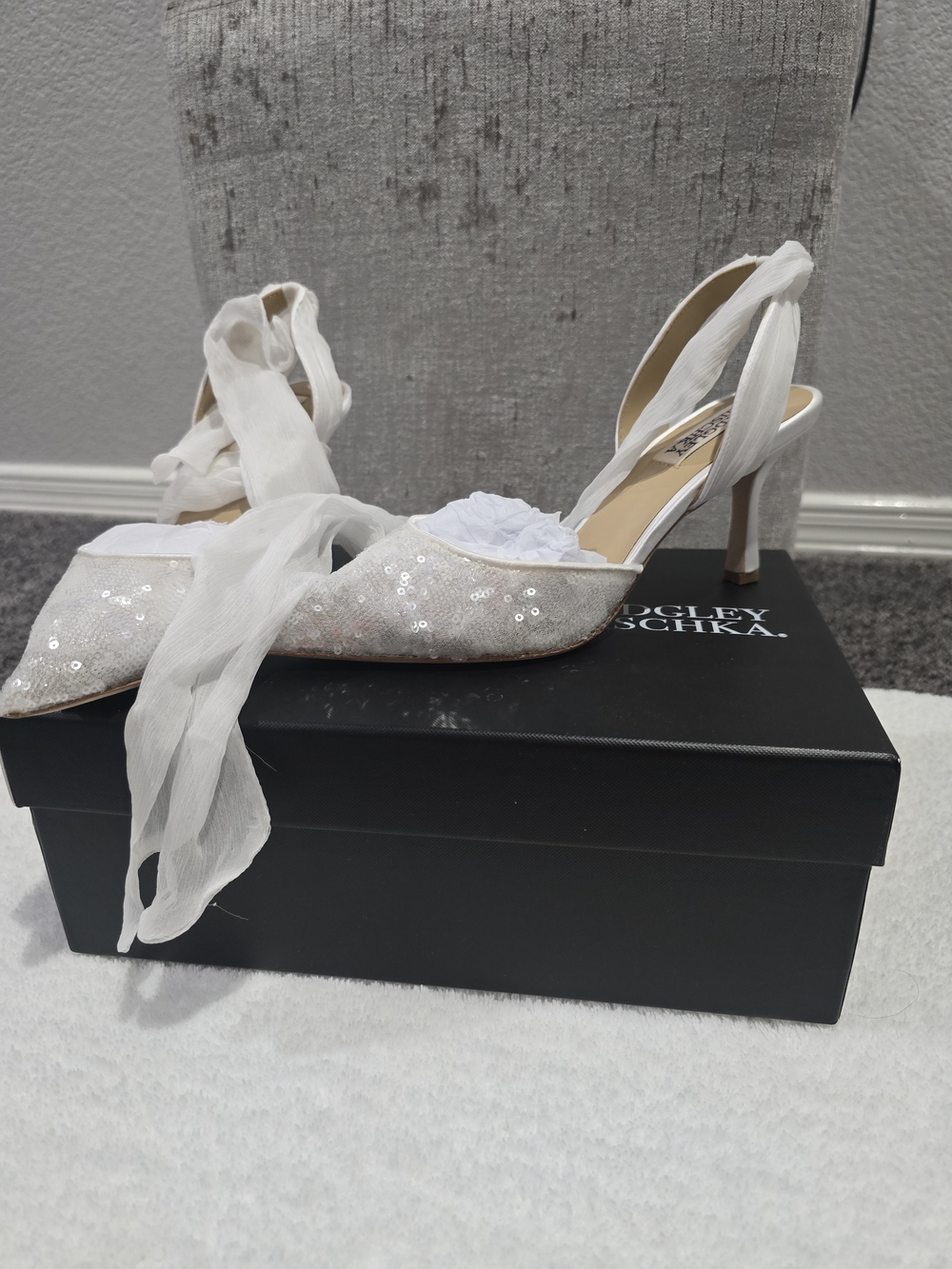 Badgley Mischka White Sequin Tie-Ankle Satin Pointed-Toe Heels